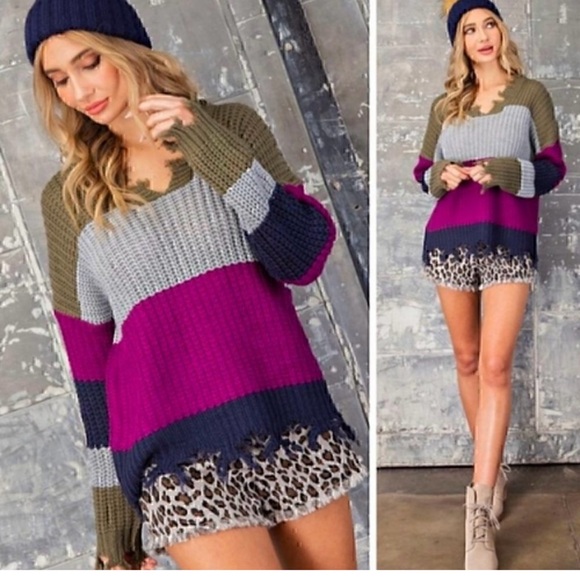 EE:SOME Olive Green Gray Purple Colorblock Striped Chunky Distressed - Picture 3 of 12